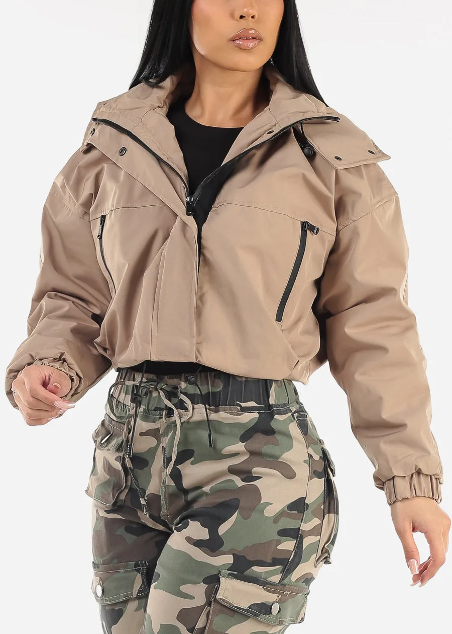 Khaki Zip Up Puffer Cropped Hooded Jacket sold by Moda product image thumbnail 3