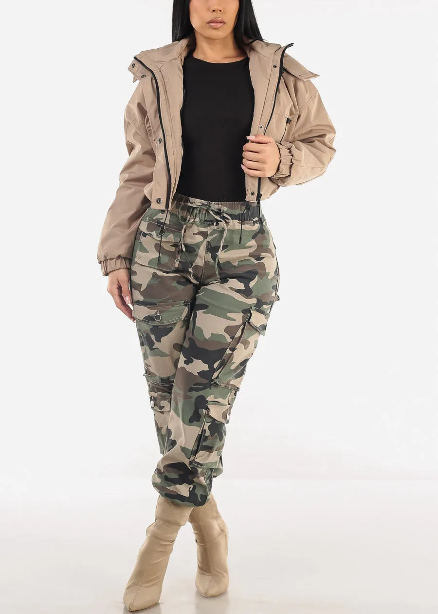 Khaki Zip Up Puffer Cropped Hooded Jacket sold by Moda product image thumbnail 4
