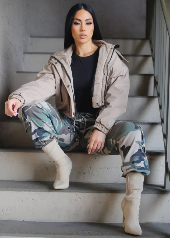 Khaki Zip Up Puffer Cropped Hooded Jacket sold by Moda