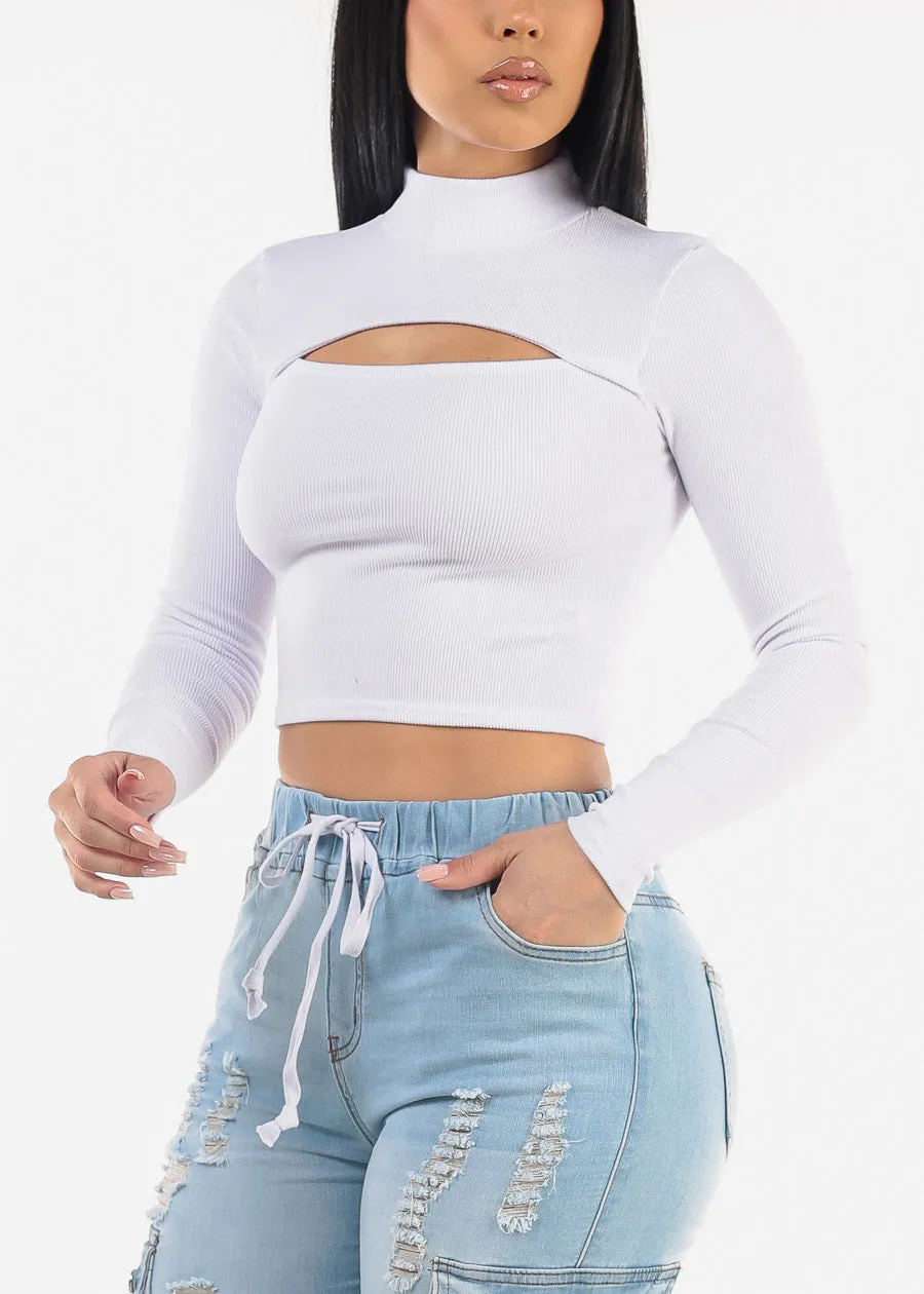 Long Sleeve White Mock Neck Cut Out Crop Top sold by Moda