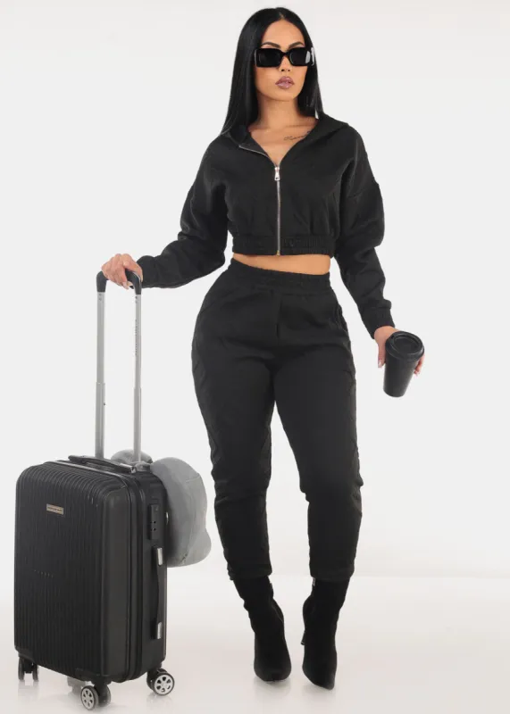 Black Crop Zip Up Jacket & Jogger Pants (2 PCE SET) sold by Moda