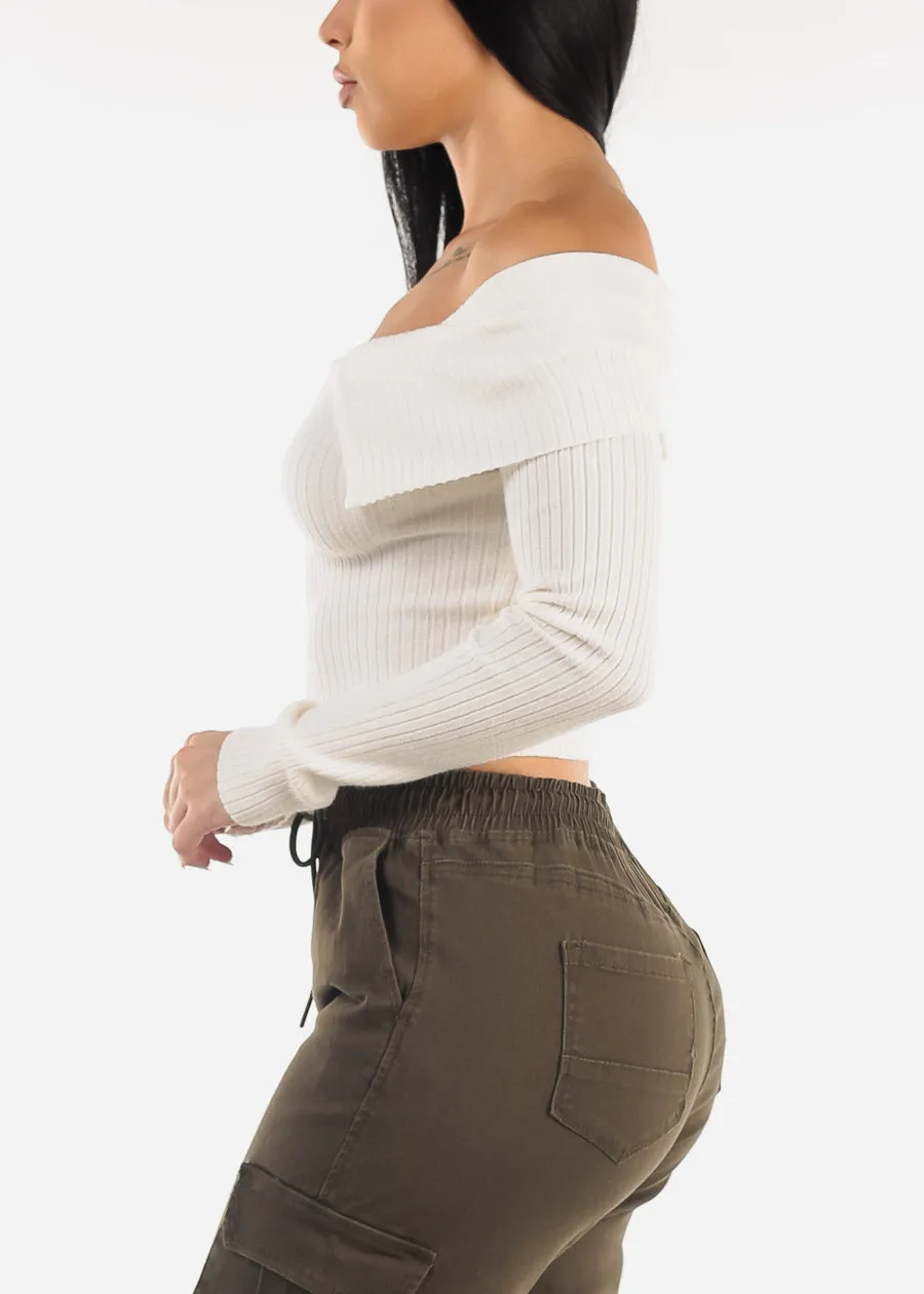 Zip Up Off Shoulder White Ribbed Sweater sold by Moda product image thumbnail 3