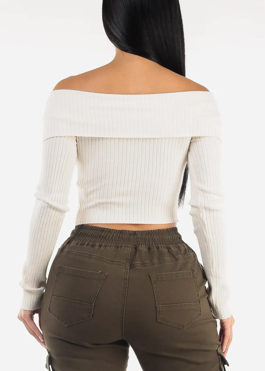 Zip Up Off Shoulder White Ribbed Sweater sold by Moda product image thumbnail 4
