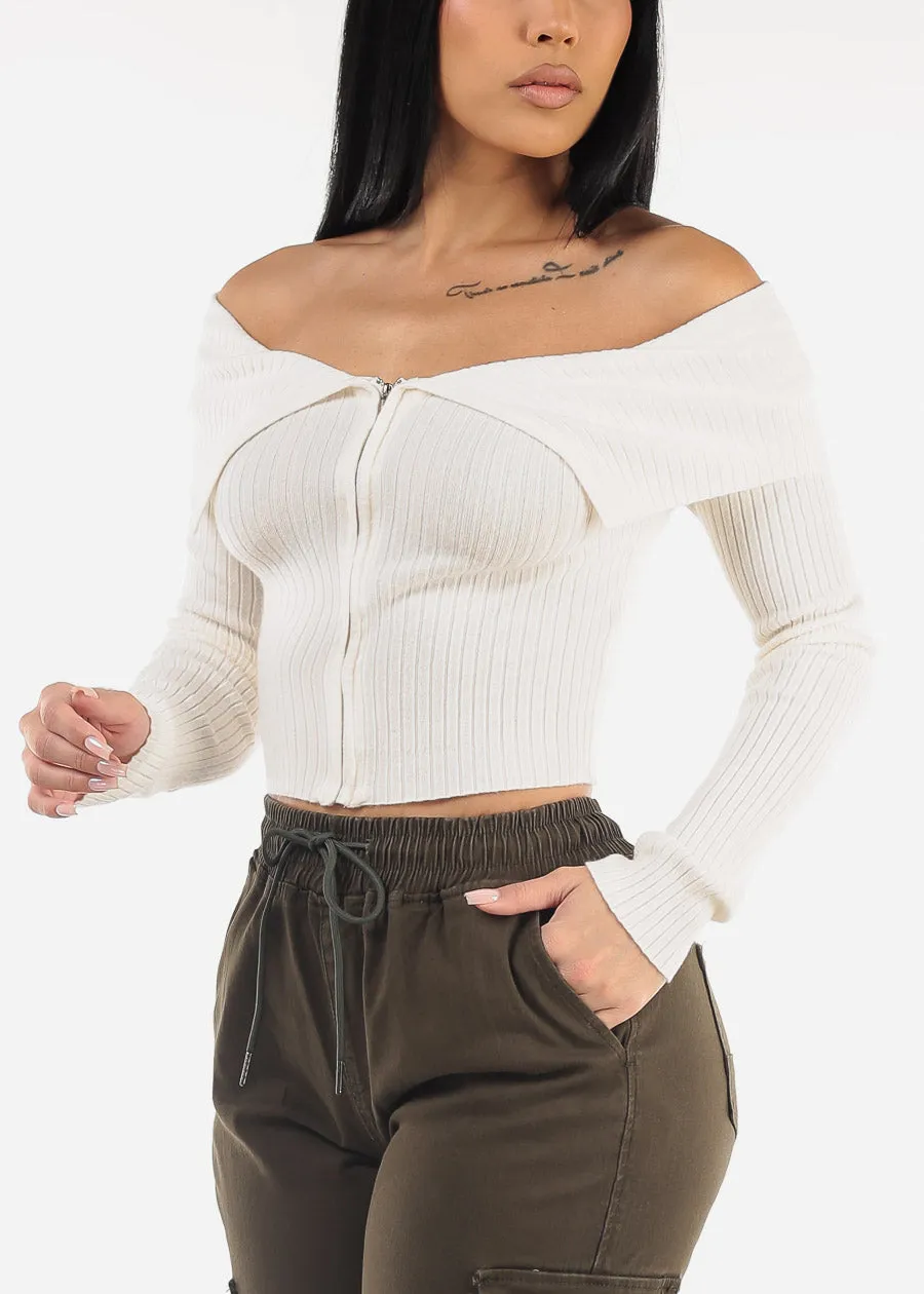 Zip Up Off Shoulder White Ribbed Sweater sold by Moda