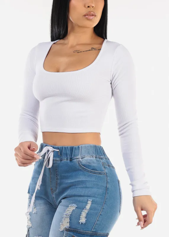 Long Sleeve Scoop Neck White Ribbed Crop Top sold by Moda