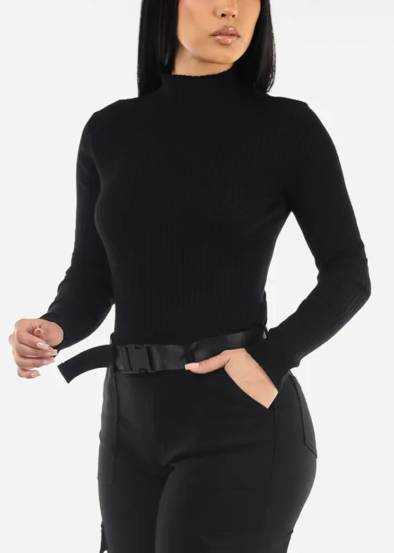 Black Mock Neck Rib Knit Sweater Top sold by Moda