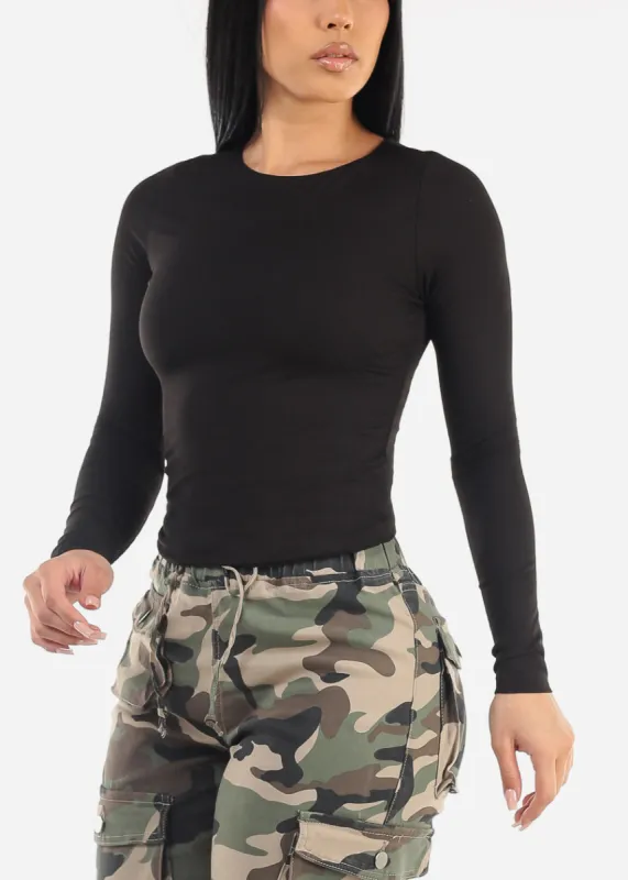 Black Long Sleeve Crewneck Double Layered Ribbed Top sold by Moda