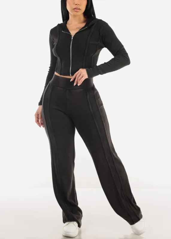Black Long Sleeve Crop Jacket & Wide Leg Pants (2 PCE SET) sold by Moda