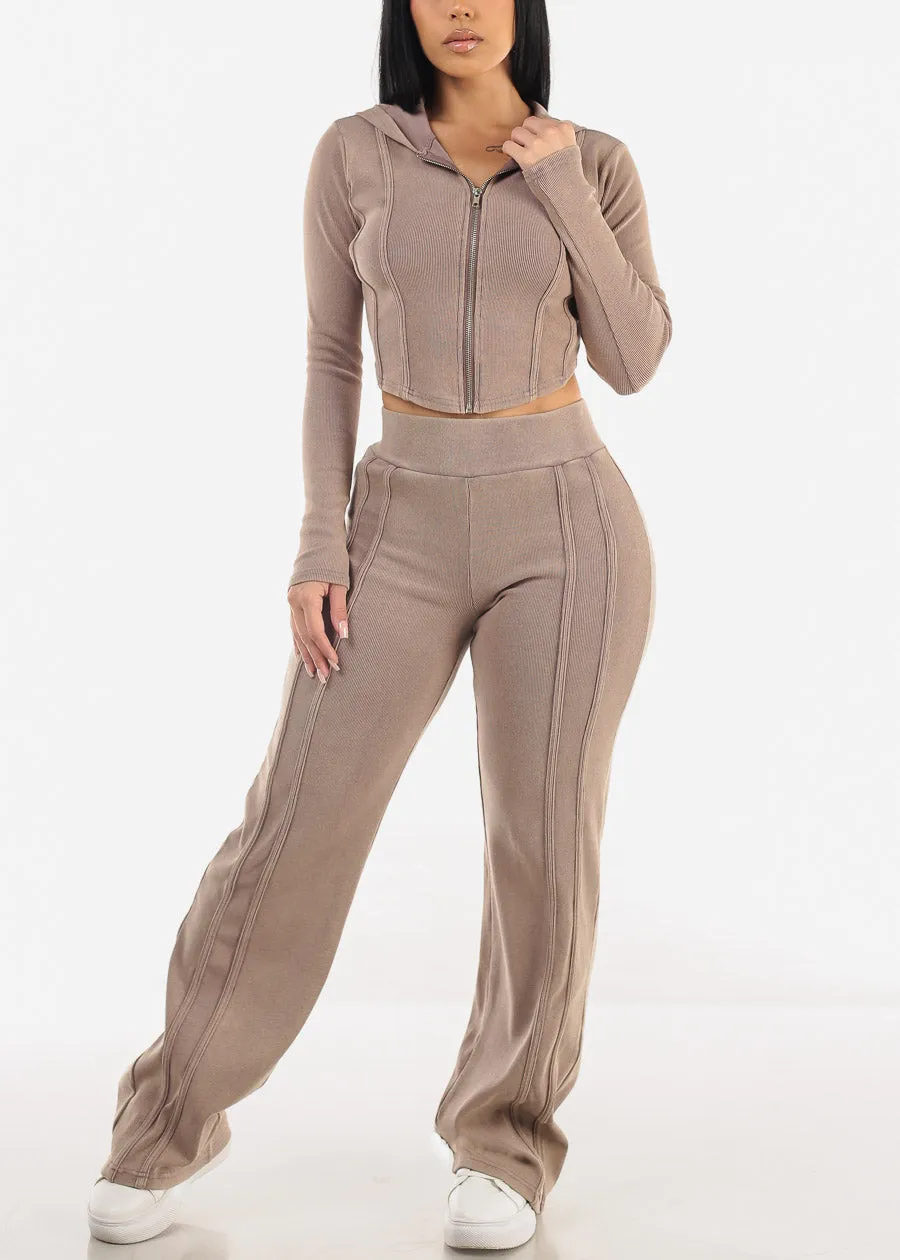 Long Sleeve Crop Jacket & Wide Leg Pants Mocha (2 PCE SET) sold by Moda product image thumbnail 3