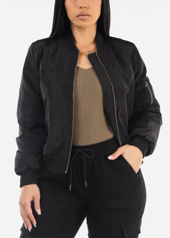 Black Zip Up Windbreaker Bomber Jacket sold by Moda