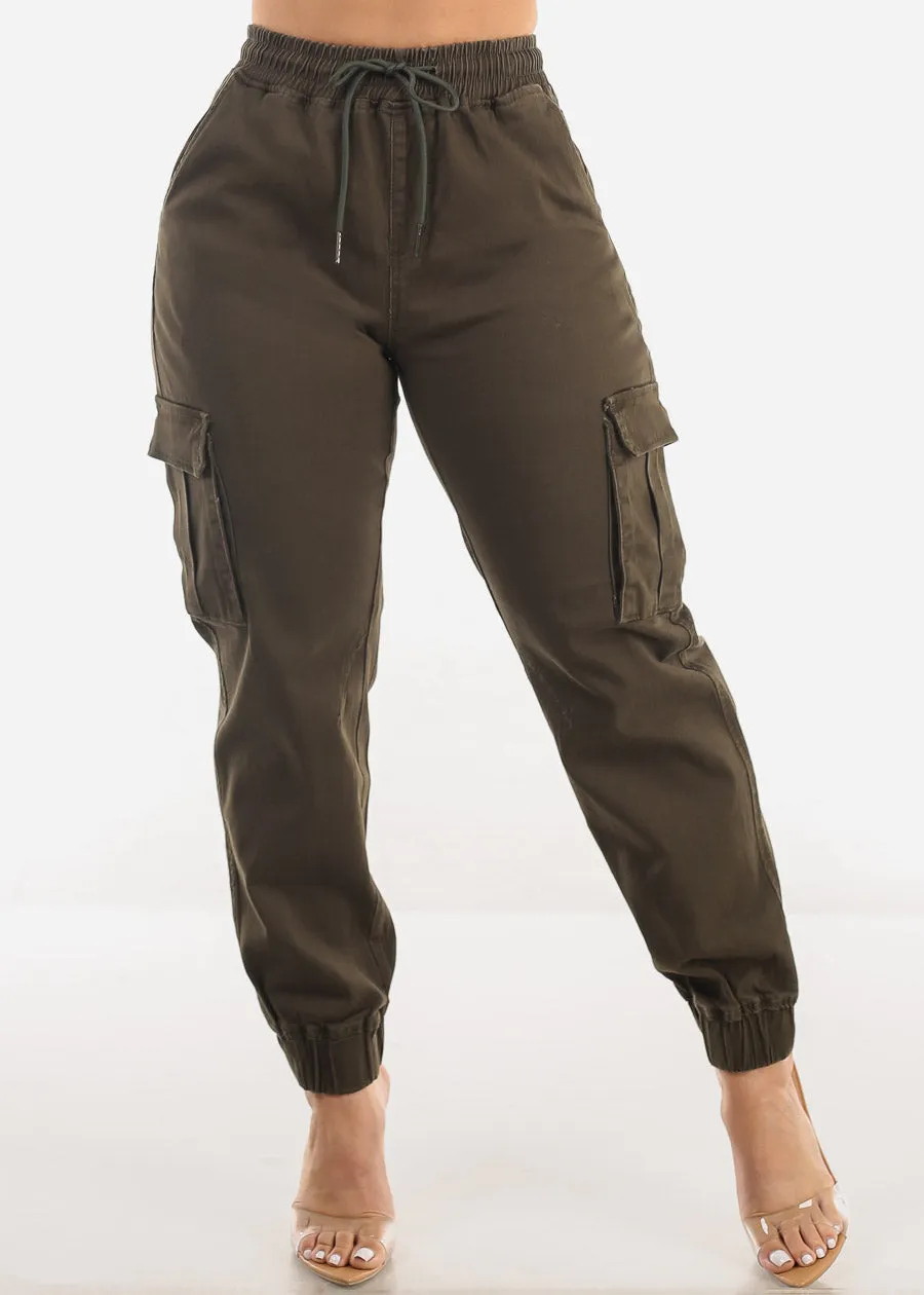 High Waist Hyper Stretch Cuffed Cargo Jogger Pants Olive sold by Moda