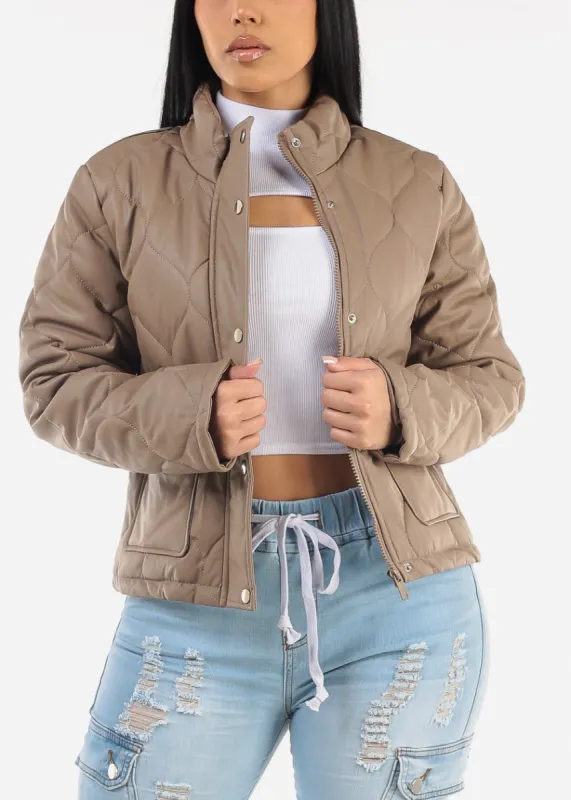 Mock Neck Quilted Puffer Jacket Taupe sold by Moda
