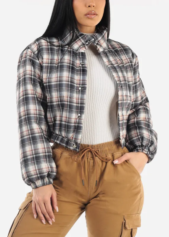 Long Sleeve Plaid Cropped Puffer Jacket Navy sold by Moda
