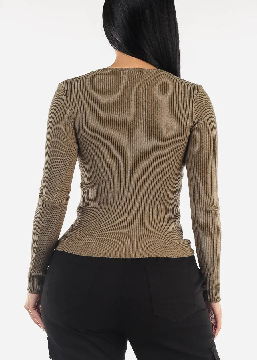 Long Sleeve Vneck Ribbed Sweater Top Olive sold by Moda product image thumbnail 4