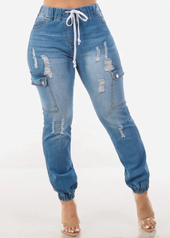High Waist Distressed Cargo Jogger Jeans Med Blue sold by Moda