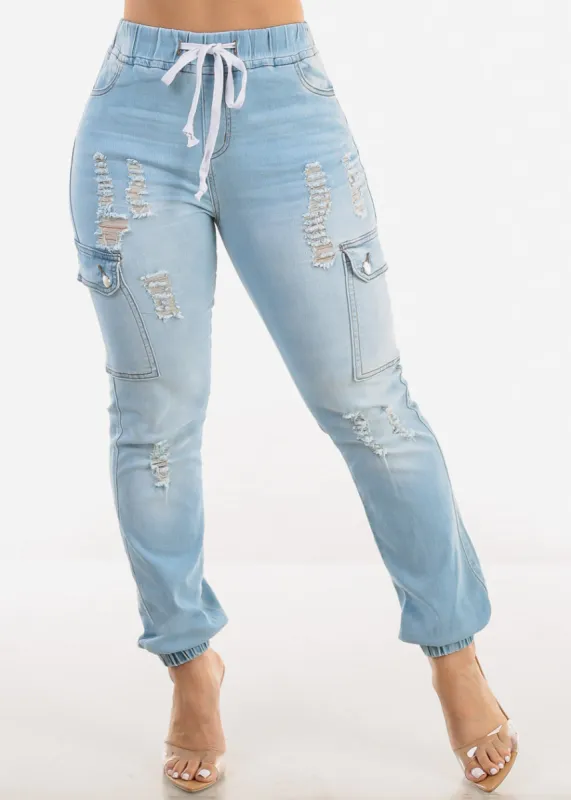 High Waist Distressed Cargo Jogger Jeans Light Blue sold by Moda