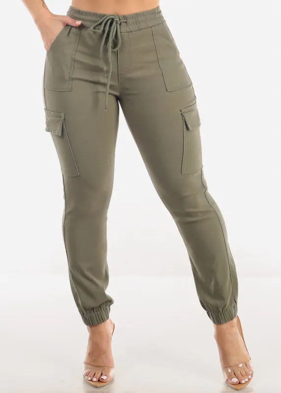 Drawstring Waist Hyper Stretch Cargo Jogger Pants Olive sold by Moda