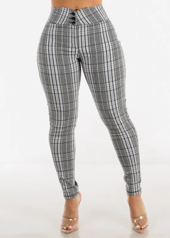 High Waisted Printed Dressy Skinny Pants Blue sold by Moda