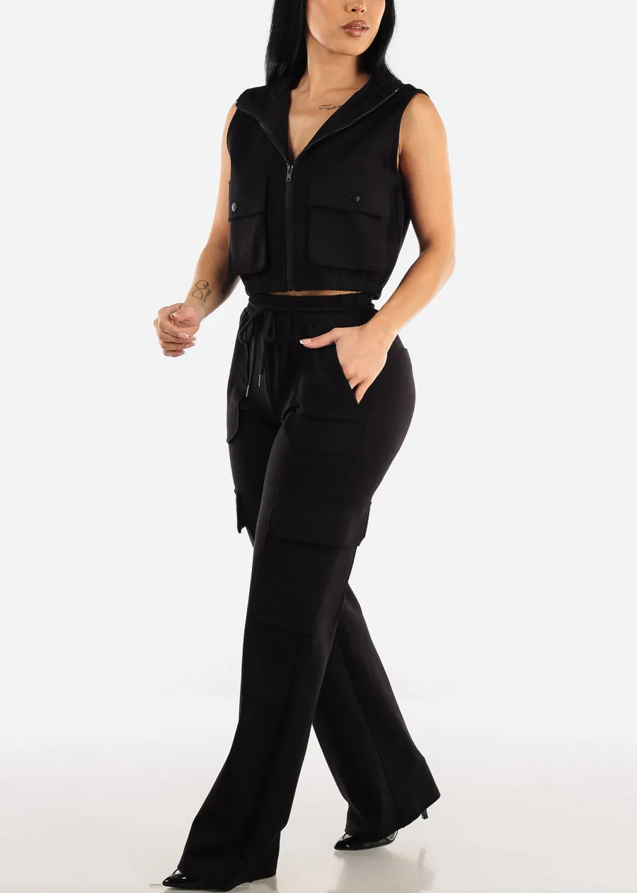 Black Sleeveless Zip Up Cropped Cargo Hoodie sold by Moda product image thumbnail 2