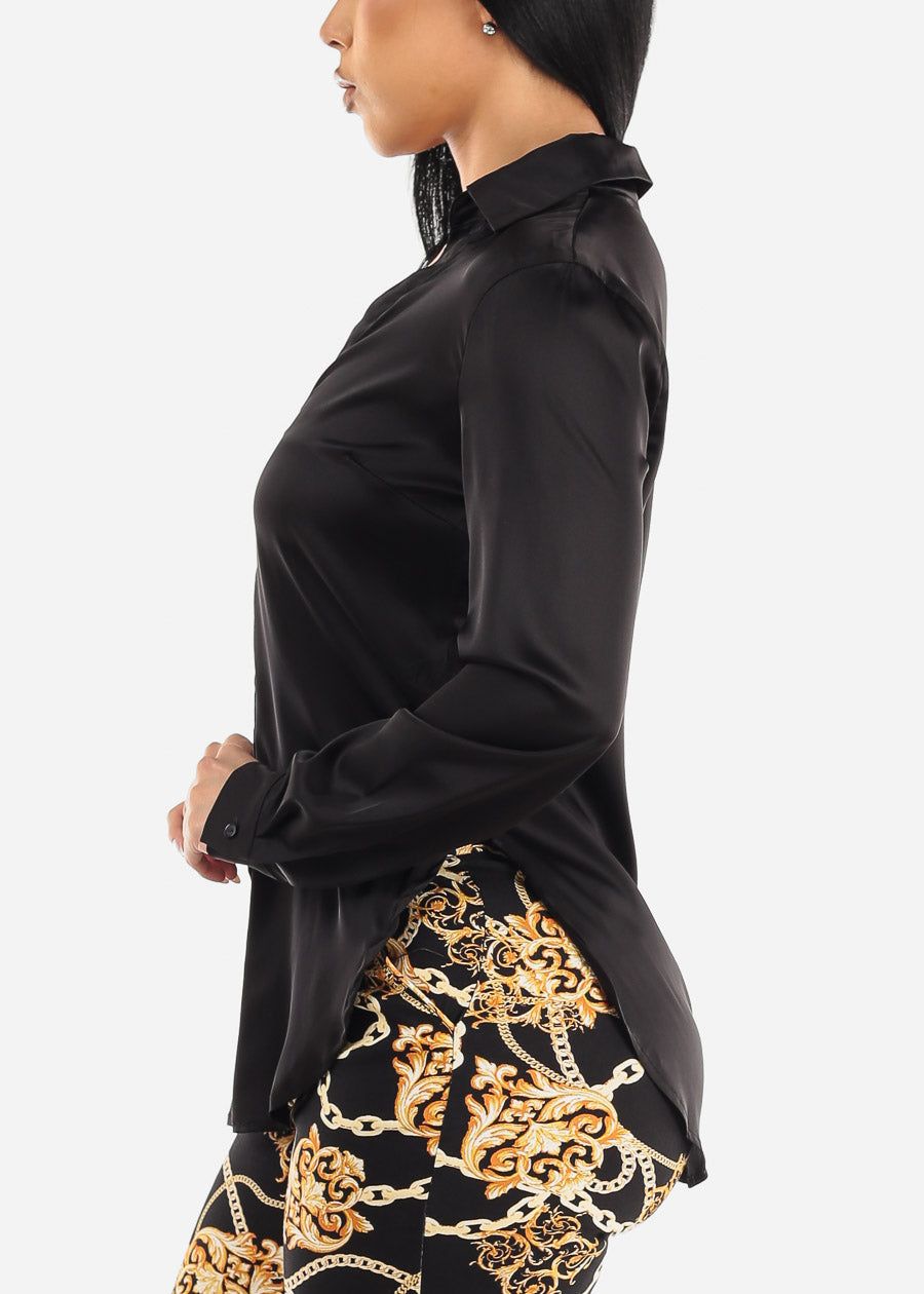 Satin Long Sleeve Button Down Collared Blouse Black sold by Moda product image thumbnail 3