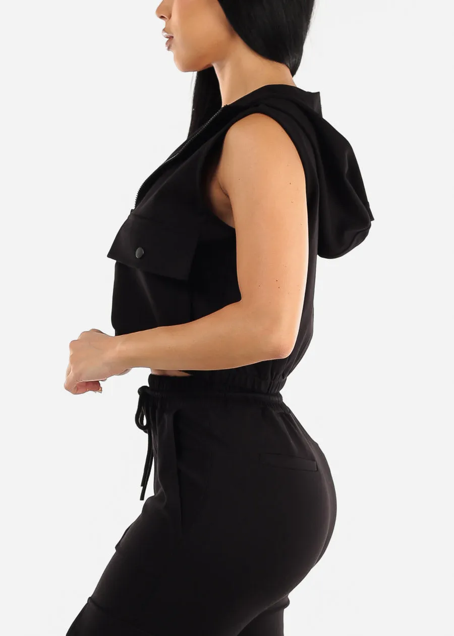 Black Sleeveless Zip Up Cropped Cargo Hoodie sold by Moda product image thumbnail 3