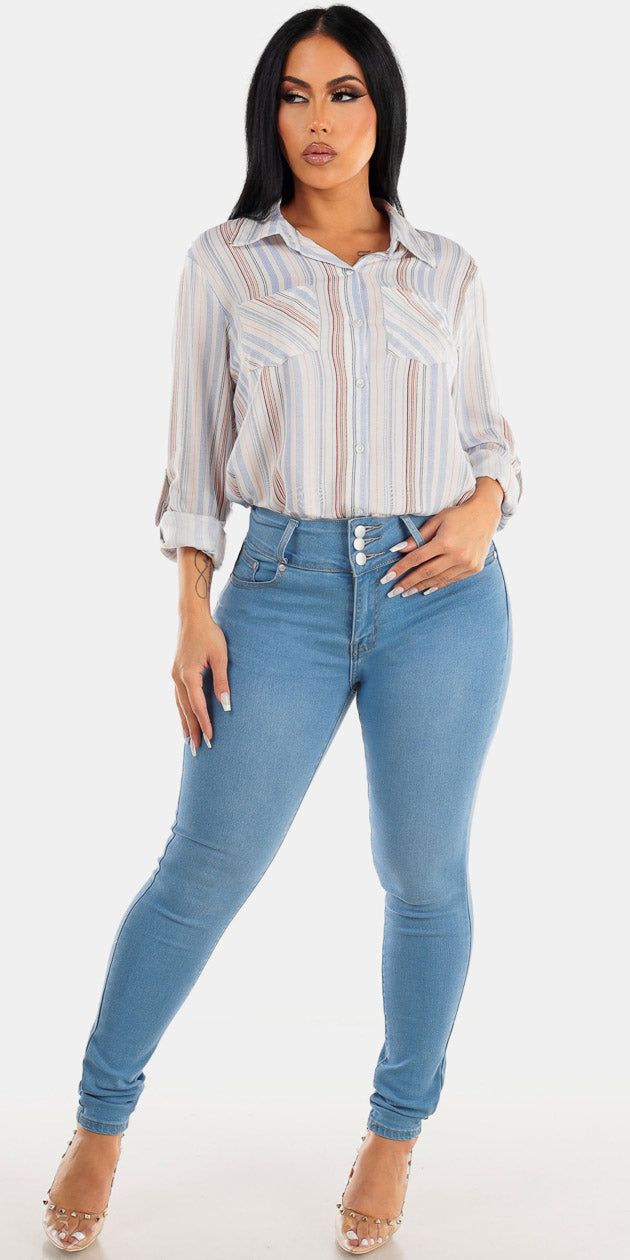 High Waisted Light Blue Butt Lifting Skinny Jeans with Button Up White Striped Shirt sold by Moda