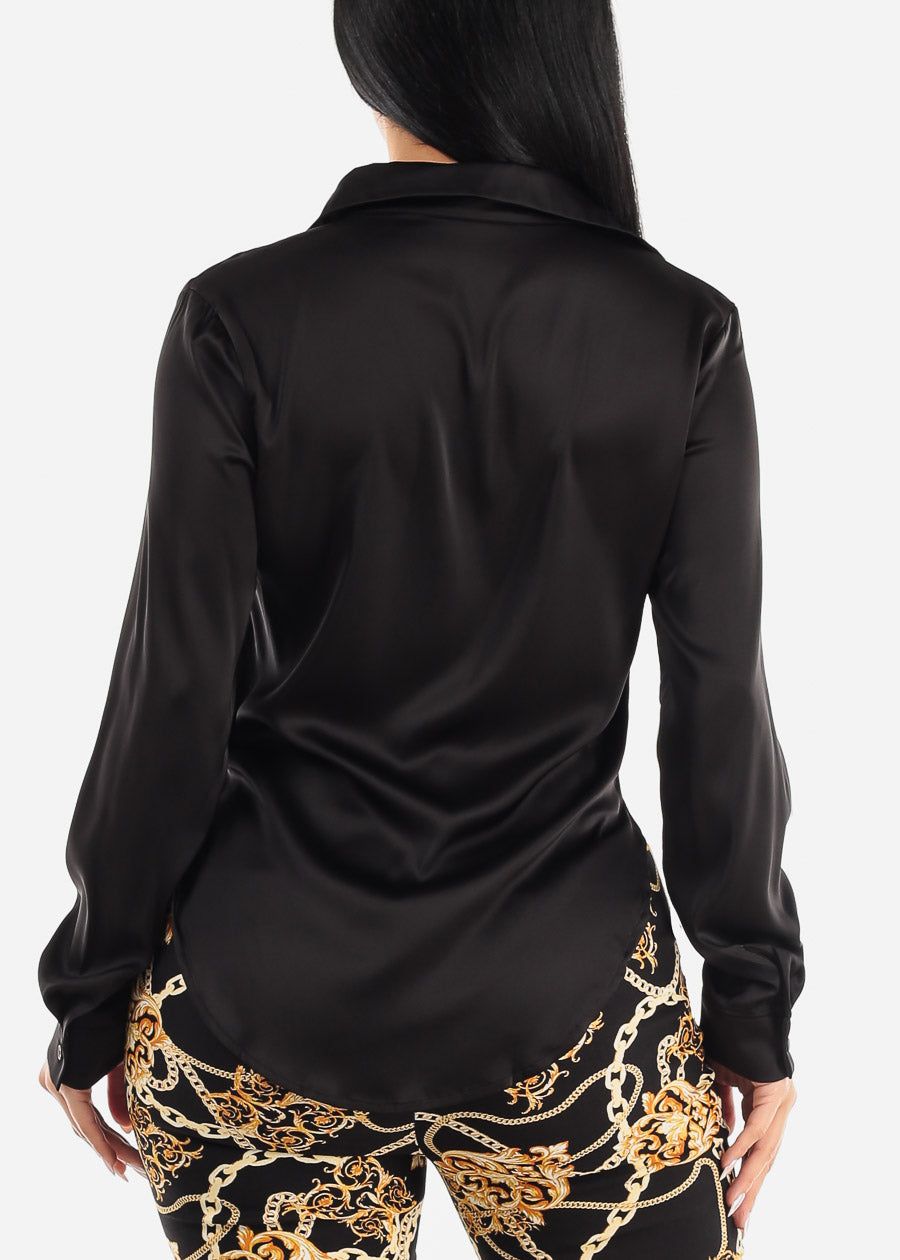 Satin Long Sleeve Button Down Collared Blouse Black sold by Moda product image thumbnail 4