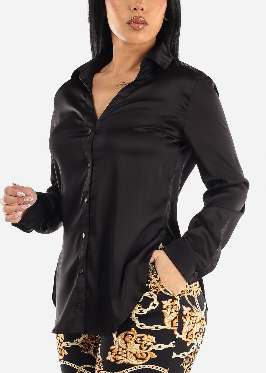 Satin Long Sleeve Button Down Collared Blouse Black sold by Moda