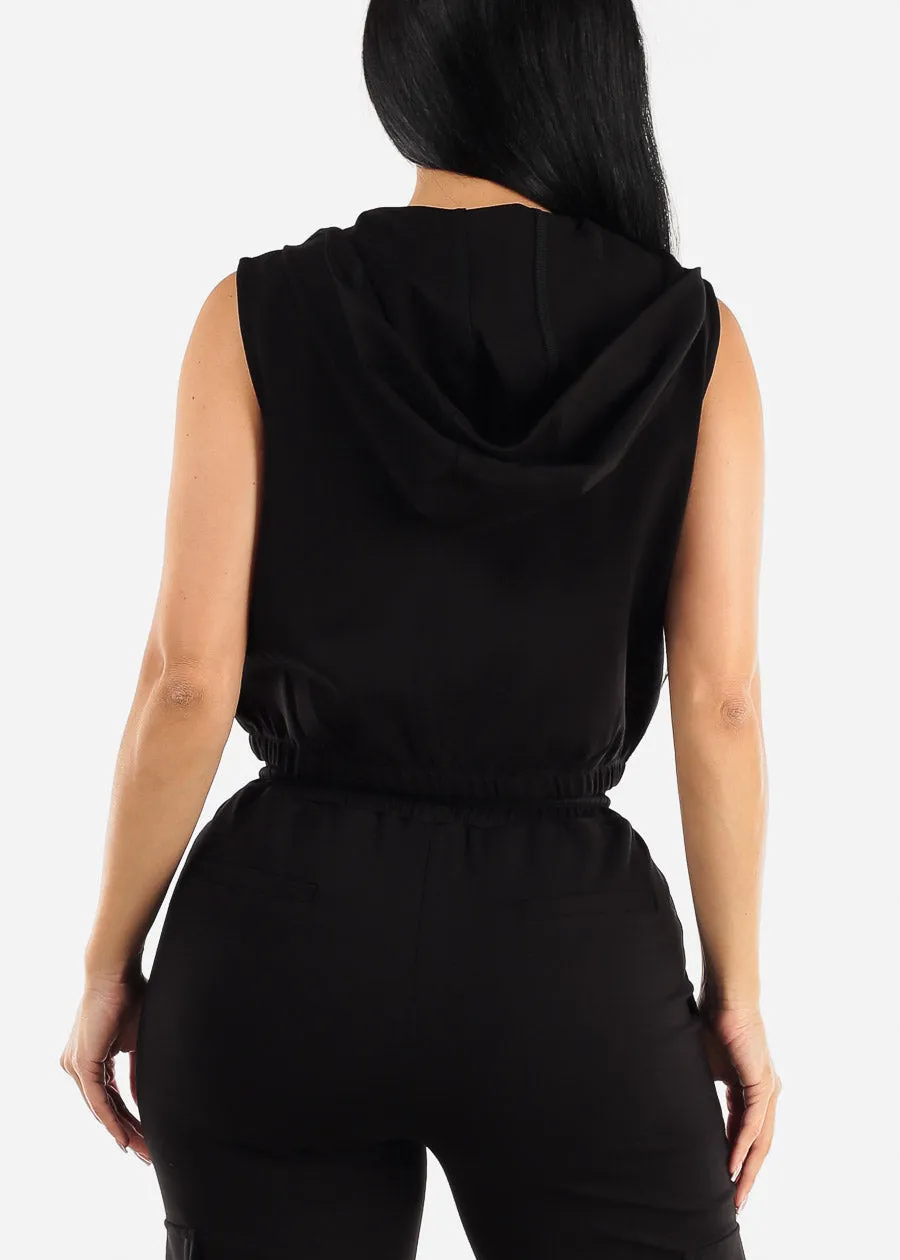 Black Sleeveless Zip Up Cropped Cargo Hoodie sold by Moda product image thumbnail 4
