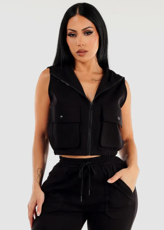 Black Sleeveless Zip Up Cropped Cargo Hoodie sold by Moda