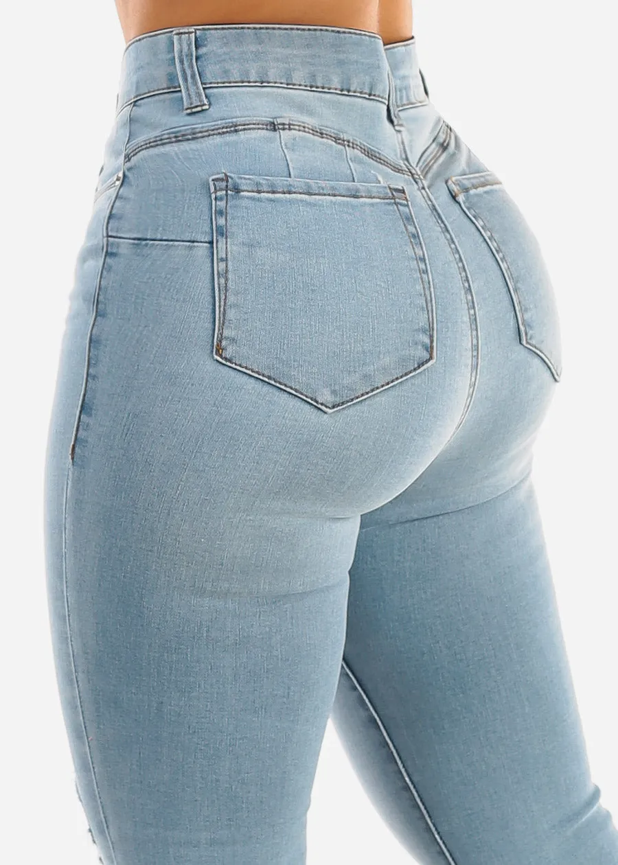 Butt Lift High Waist Distressed Skinny Jeans Light Blue sold by Moda