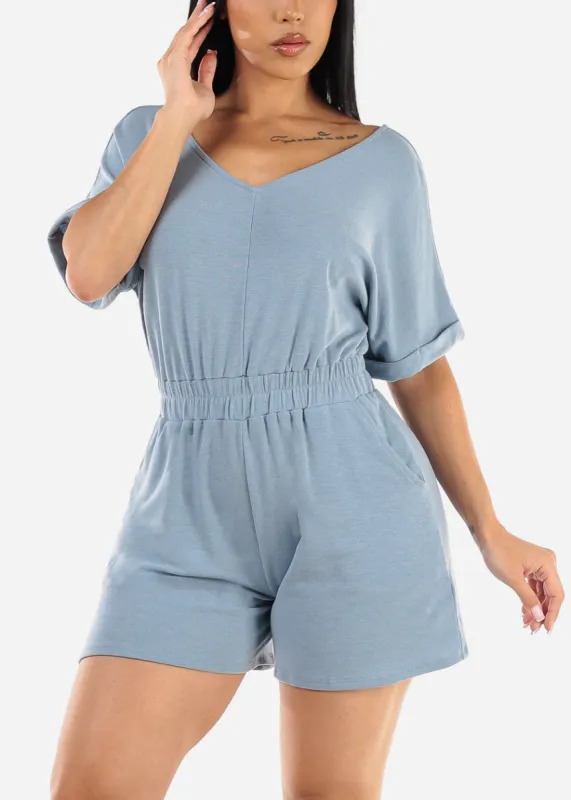 Vneck Casual Romper Light Blue w Pockets sold by Moda