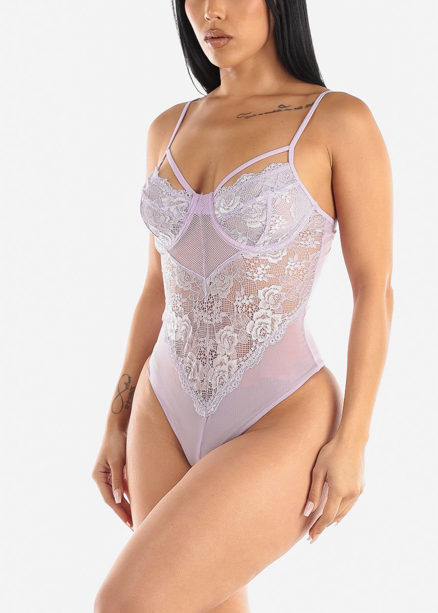 Strappy Floral Lace Thong Bodysuit Lavender sold by Moda product image thumbnail 4