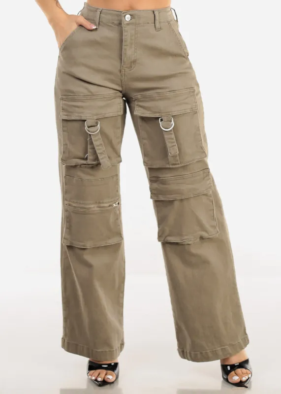 Super High Waist Straight Wide Leg Cargo Jeans Light Olive sold by Moda