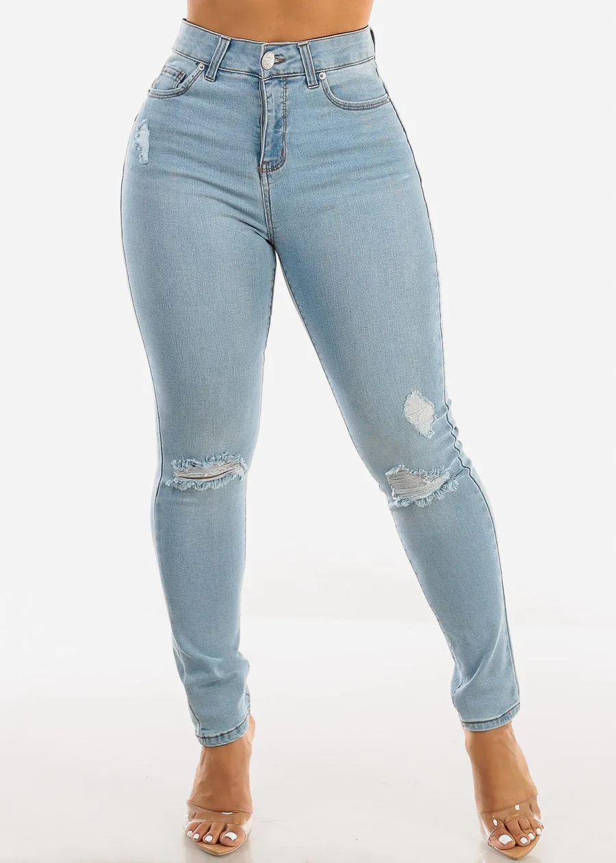 Butt Lift High Waist Distressed Skinny Jeans Light Blue sold by Moda product image thumbnail 3