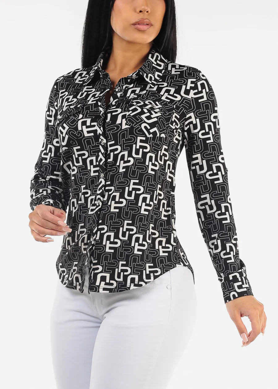 Black Long Sleeve Button Down Printed Blouse sold by Moda