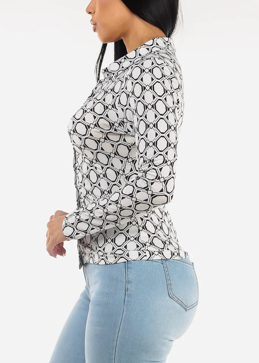 Long Sleeve Ruched Button Up Printed Blouse White sold by Moda product image thumbnail 3