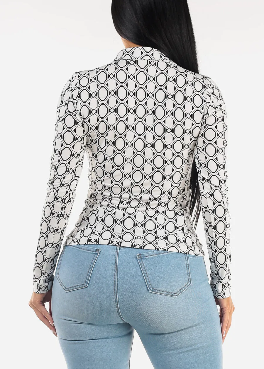 Long Sleeve Ruched Button Up Printed Blouse White sold by Moda product image thumbnail 4