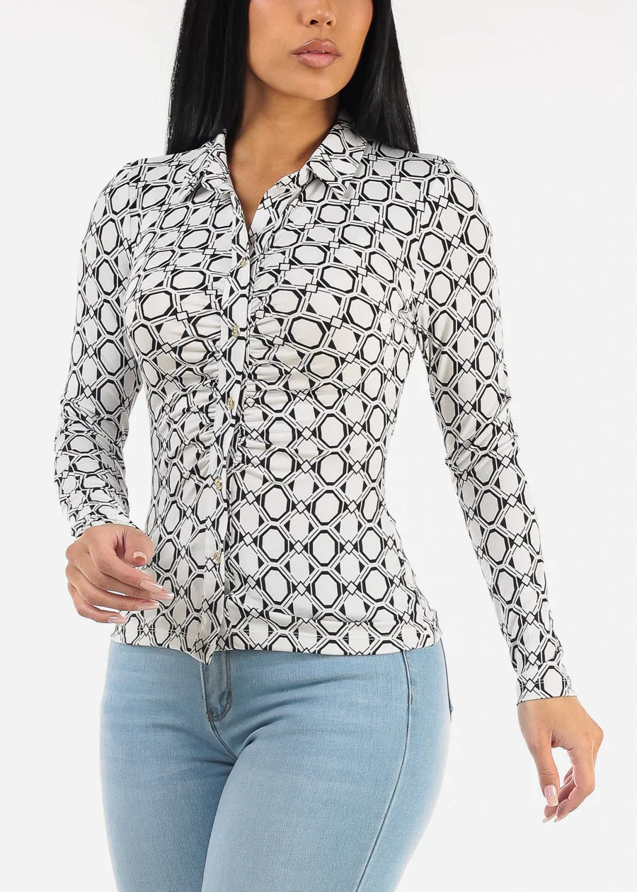 Long Sleeve Ruched Button Up Printed Blouse White sold by Moda