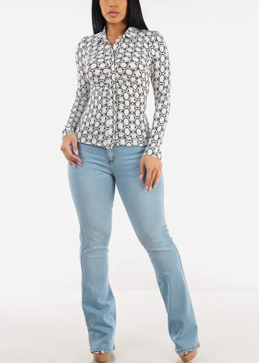 Long Sleeve Ruched Button Up Printed Blouse White sold by Moda product image thumbnail 2