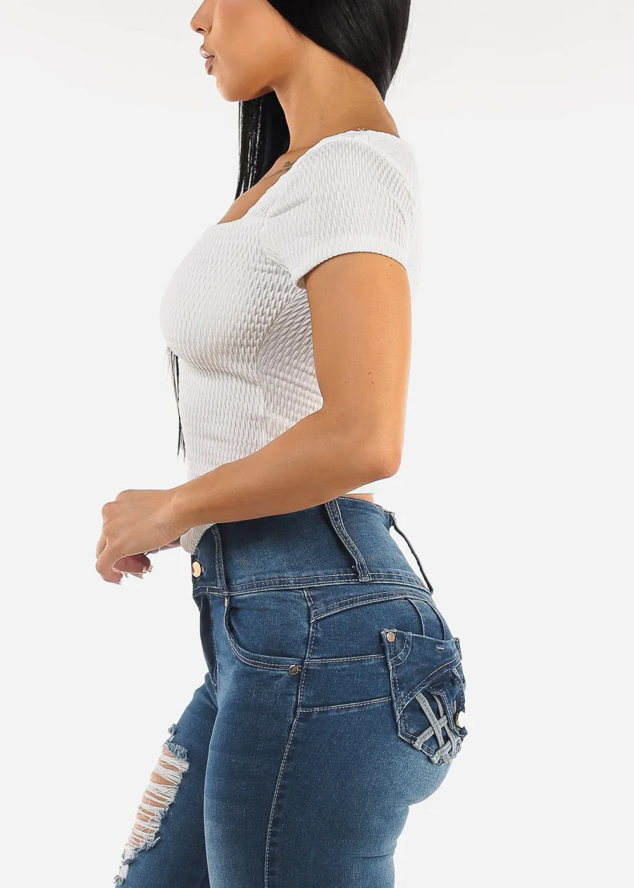 Short Sleeve Square Neck Textured Crop Top Ivory sold by Moda product image thumbnail 3