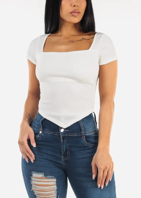Short Sleeve Square Neck Textured Crop Top Ivory sold by Moda