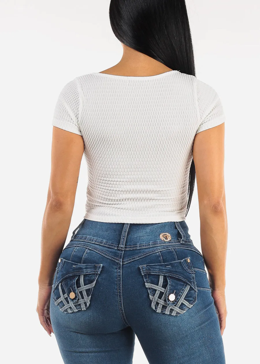 Short Sleeve Square Neck Textured Crop Top Ivory sold by Moda product image thumbnail 4