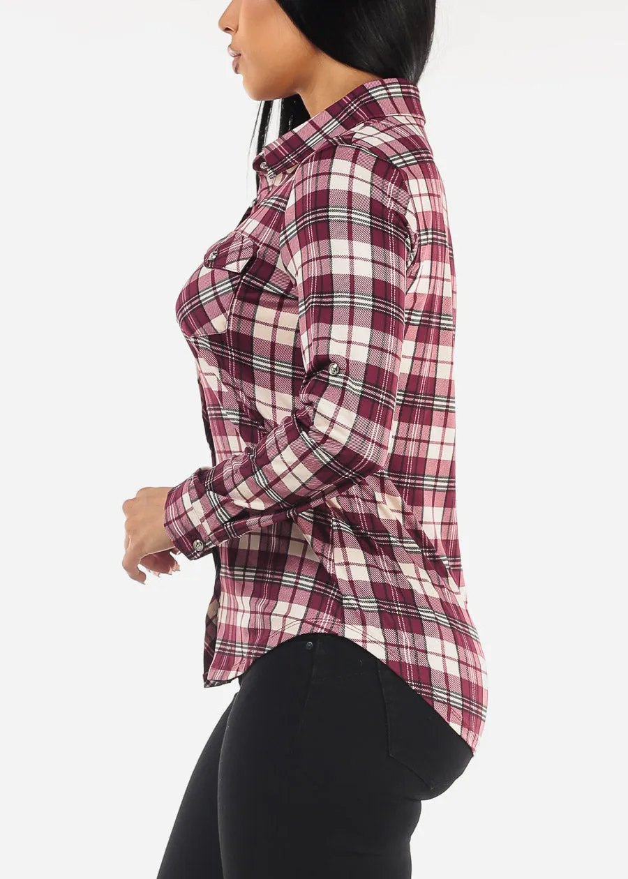 Long Sleeve Button Up Plaid Shirt Burgundy sold by Moda product image thumbnail 3