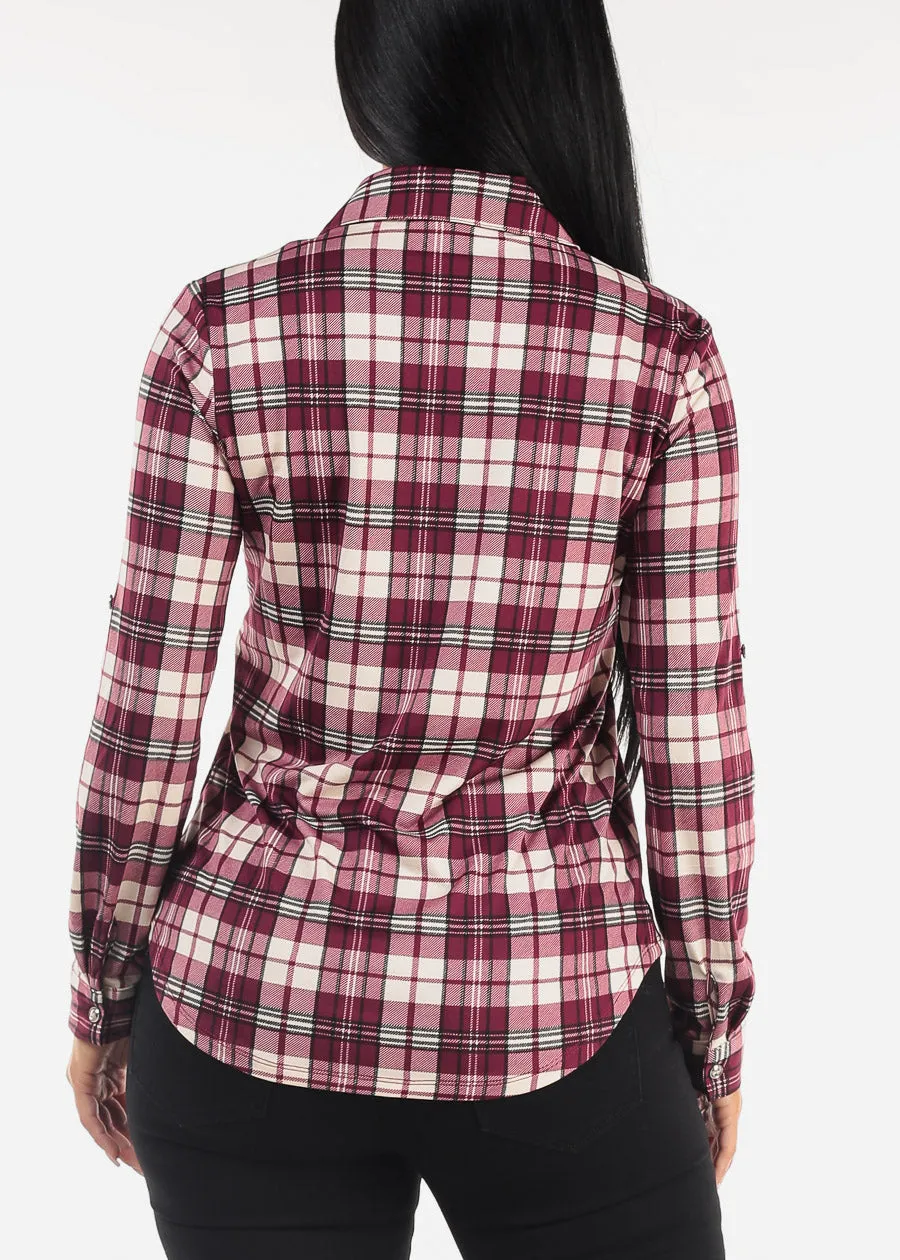 Long Sleeve Button Up Plaid Shirt Burgundy sold by Moda product image thumbnail 4