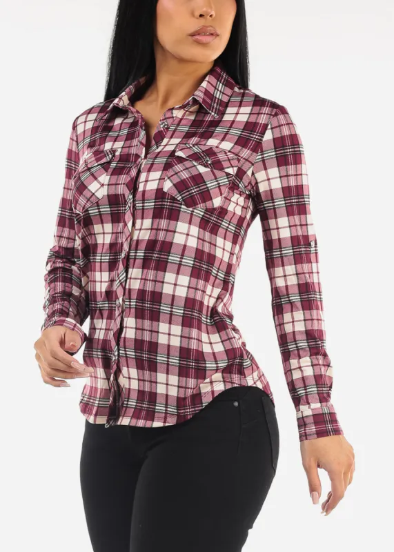 Long Sleeve Button Up Plaid Shirt Burgundy sold by Moda