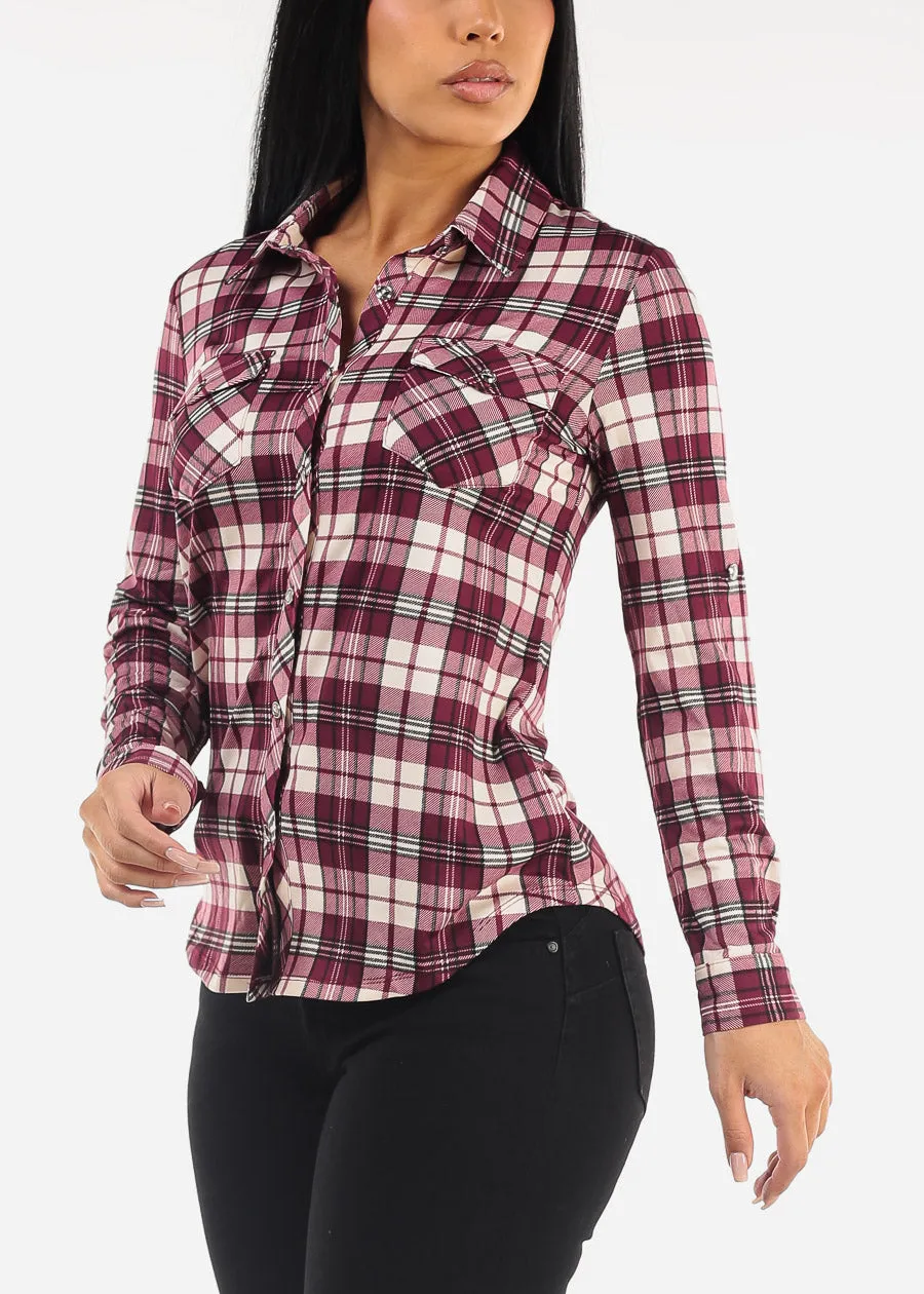 Long Sleeve Button Up Plaid Shirt Burgundy sold by Moda