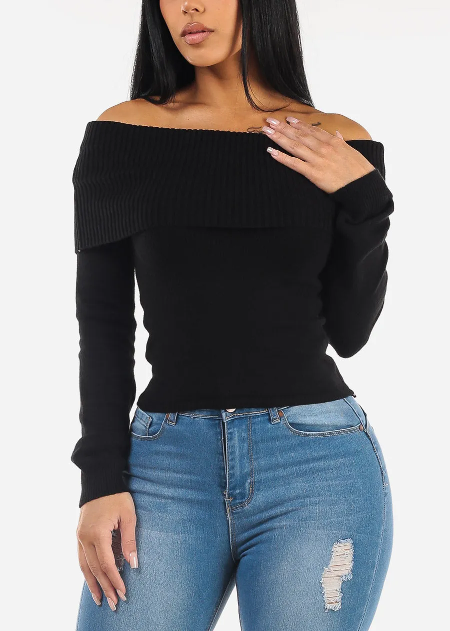Black Off Shoulder Ribbed Sweater Top sold by Moda