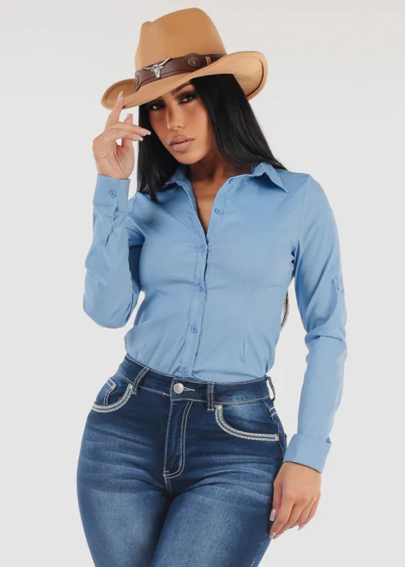 Long Sleeve Button Up Blue Fitted Blouse sold by Moda