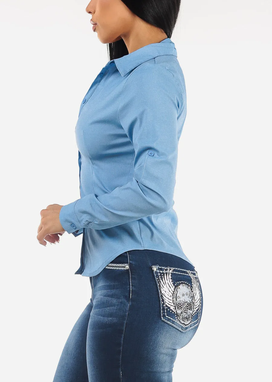 Long Sleeve Button Up Blue Fitted Blouse sold by Moda product image thumbnail 5